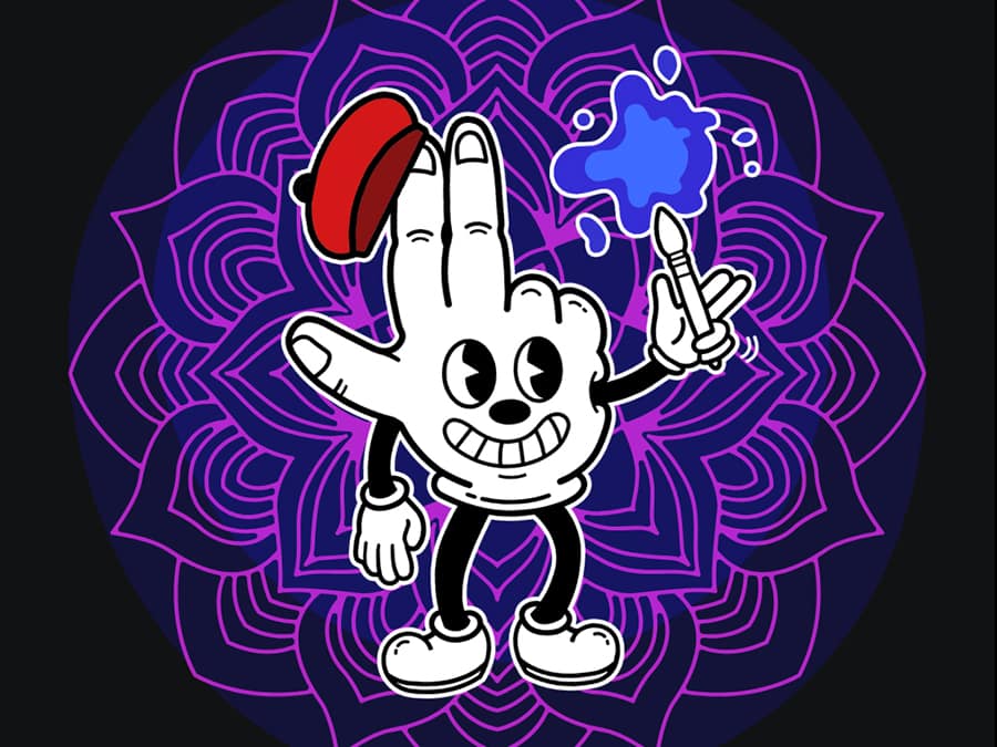 Cartoon hand character holding a paintbrush on a purple mandala