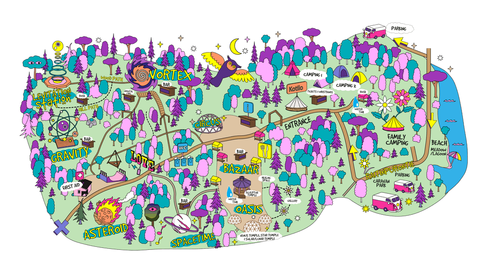 Illustrated map of the Kosmos Festival area: the Vortex, Gravity, Asteroid, Levitation Station and Spacetime stages, Circus, Bazaar, Oasis, camping areas, parking and the beach