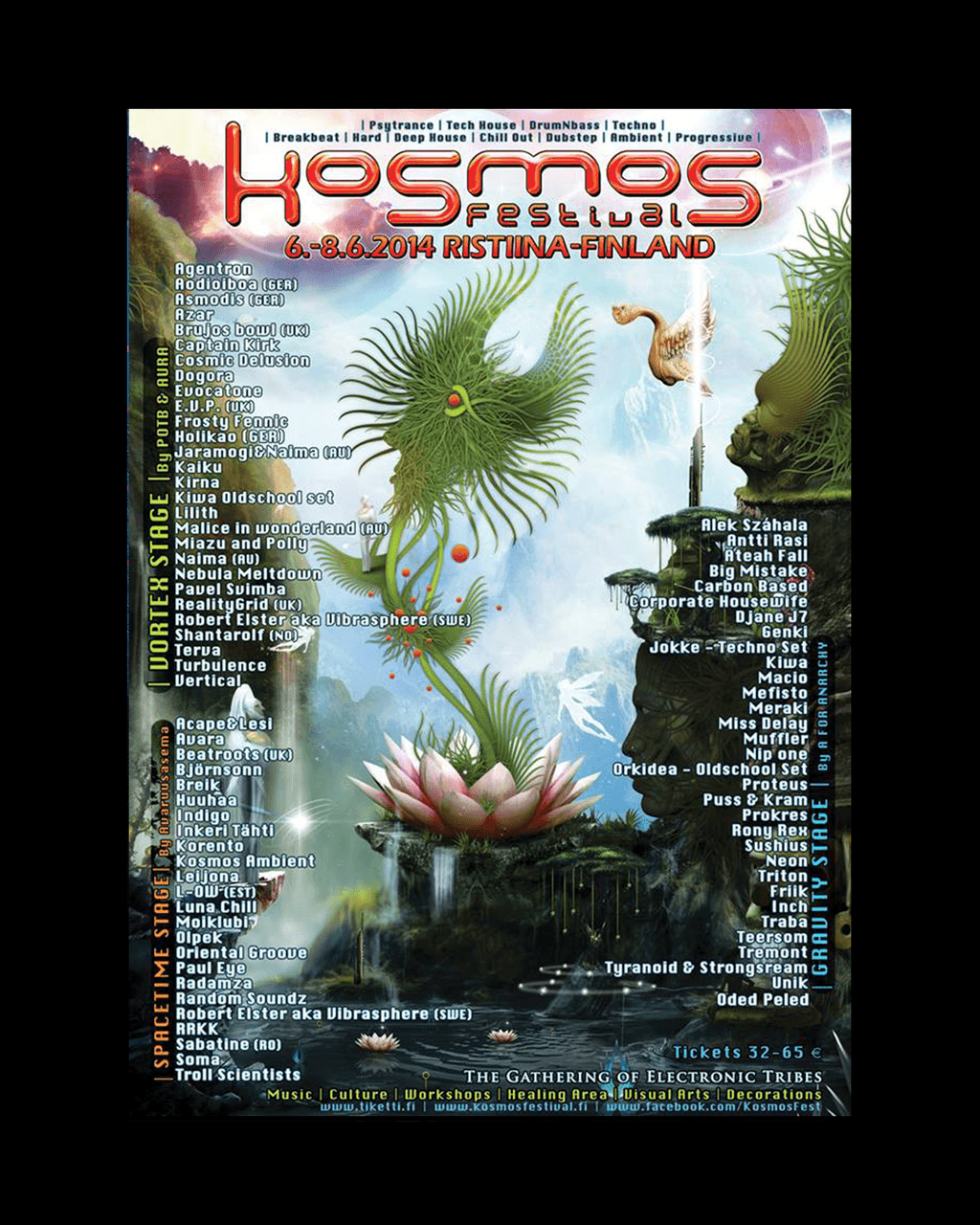 Kosmos Festival 2014 poster: a green fantasy landscape with a phoenix-like bird and waterfalls, with the stage lineups
