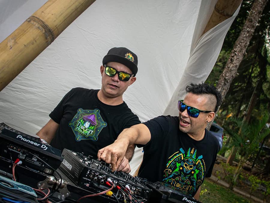 The two Tzolkin Project brothers in sunglasses at the DJ decks