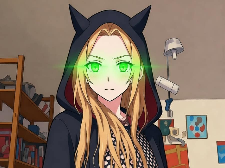 Anime-style illustration of a hooded character with cat ears and glowing green eyes