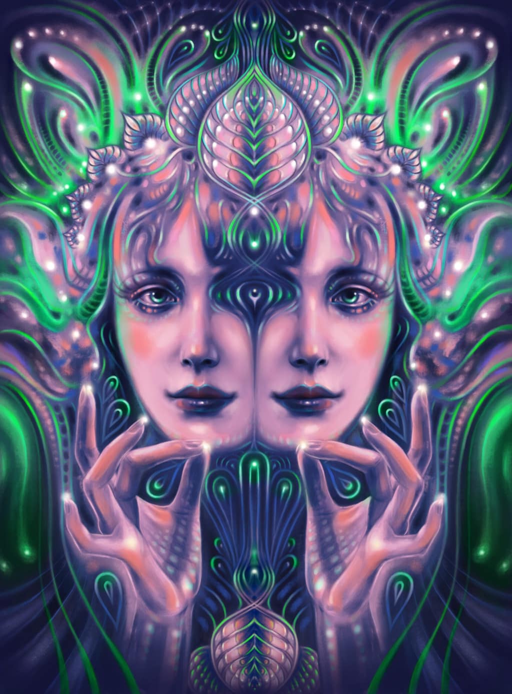 Kosmos Festival key artwork: two mirrored faces framed by glowing green and violet psychedelic ornaments