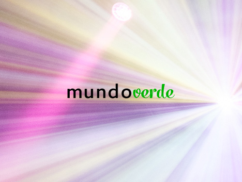 Mundo Verde logo on a background of radiating pink, violet and white light rays