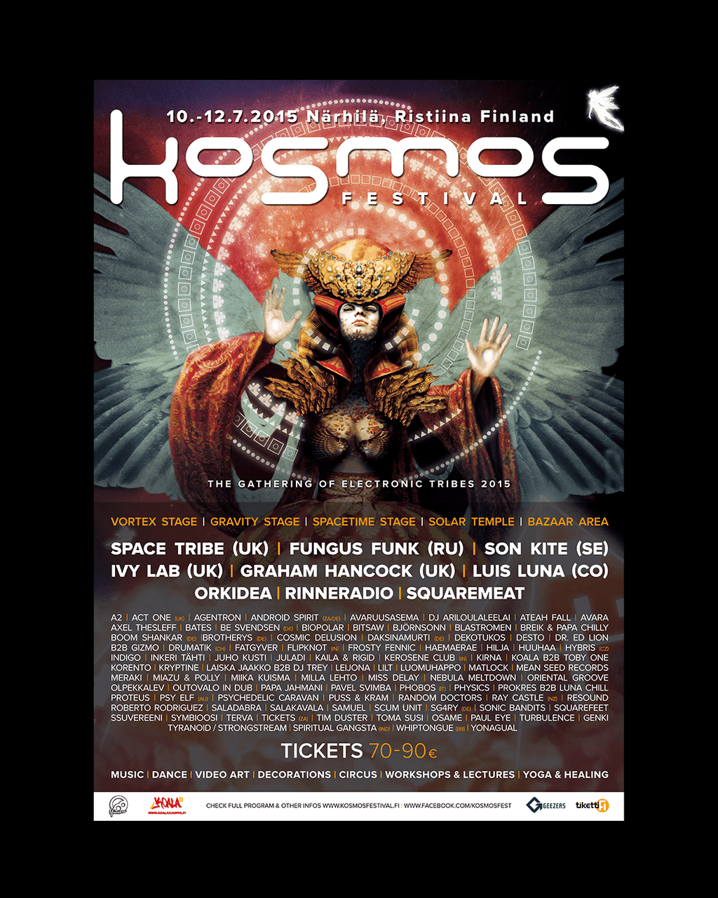 Kosmos Festival 2015 poster: a masked, winged figure in red and gold, with the lineup