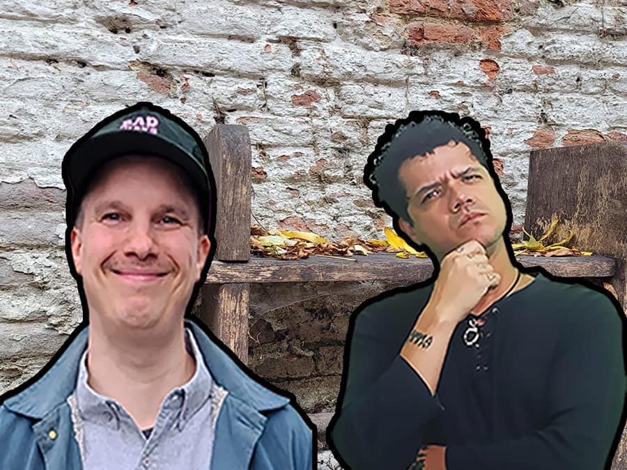 The two members of Reipas Longos as cut-out portraits in front of a brick wall