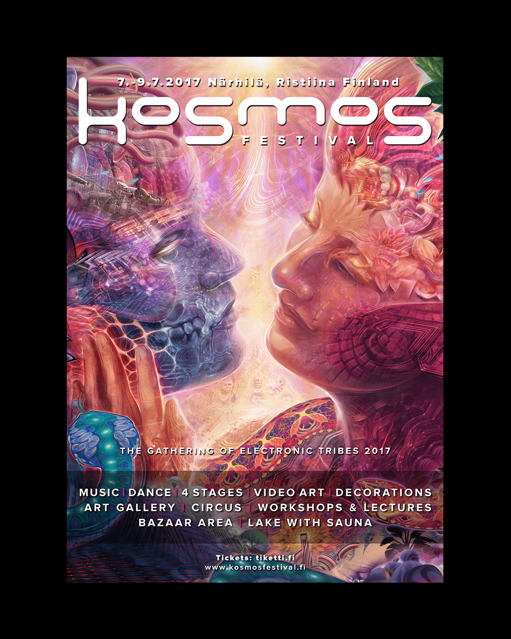 Kosmos Festival 2017 poster: two glowing faces meeting in a cosmic embrace