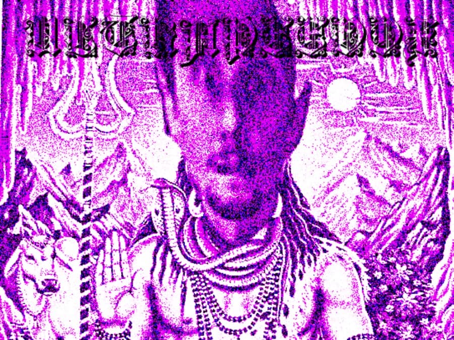 Purple-tinted collage artwork of a figure wearing beads in front of mountains