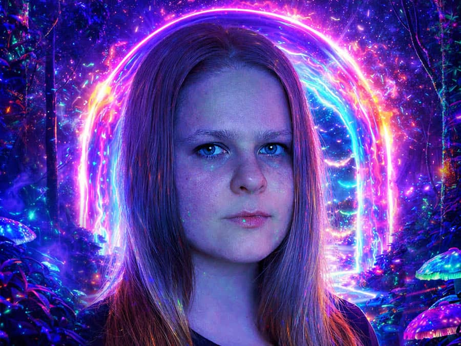 Digital portrait of Metsänhaltija ringed by glowing neon headphones