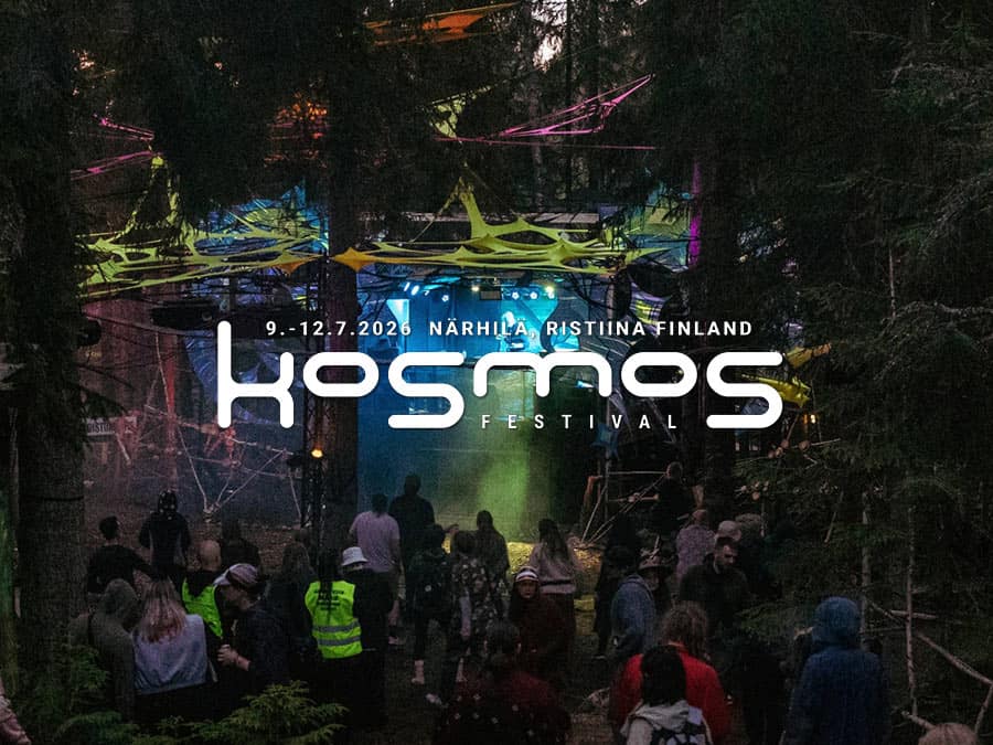 Kosmos Festival logo over a forest stage and its crowd