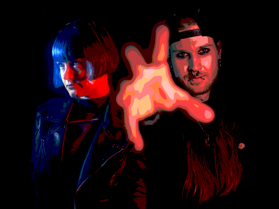 AcidSlayer666 and Kasumisu in red and blue light, one reaching a glowing hand towards the camera
