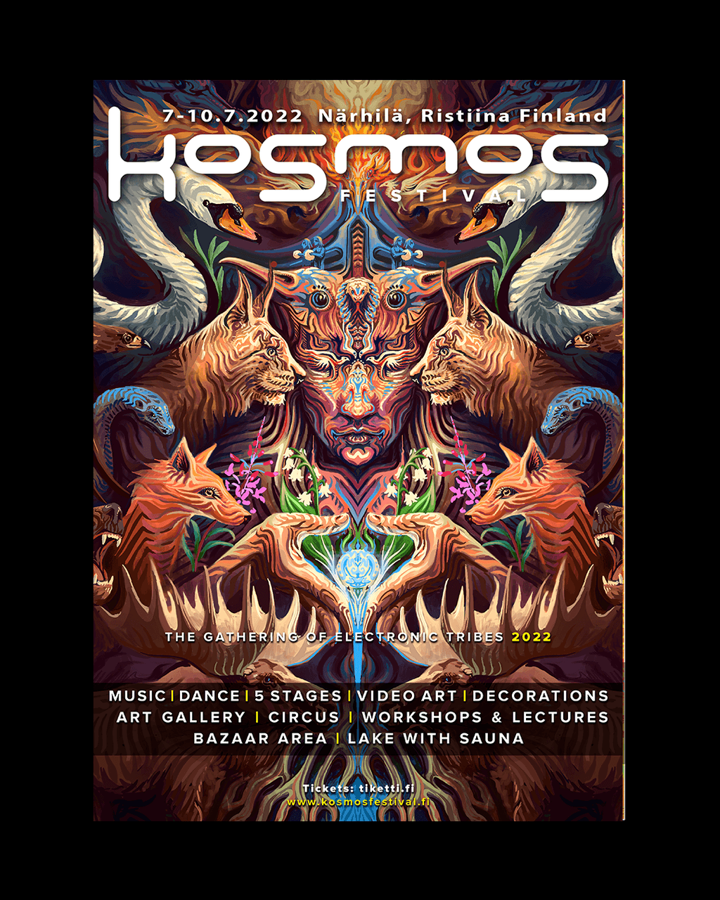 Kosmos Festival 2022 poster: a symmetrical horned, masked figure flanked by foxes and lynxes