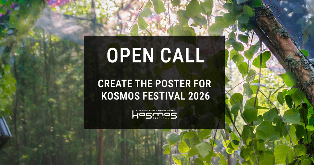 Open call banner: create the poster for Kosmos Festival 2026, over a sunlit forest