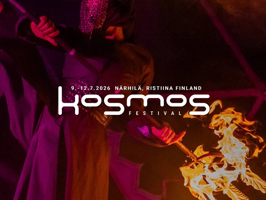 Kosmos Festival logo over a purple and fiery artwork