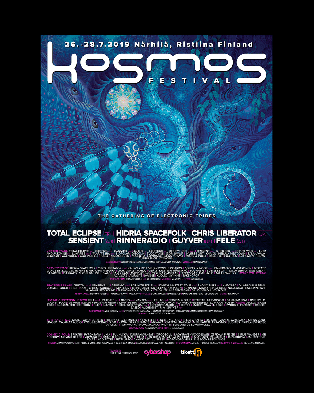 Kosmos Festival 2019 poster: a blue face dissolving into swirling patterns beside a blue bird, with the lineup