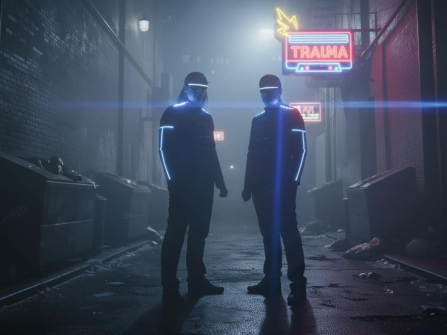 The two members of Blastromen with glowing LED visors in a foggy alley