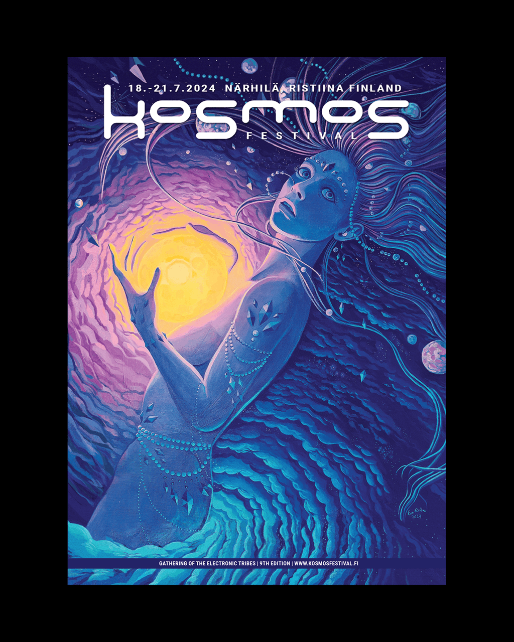 Kosmos Festival 2024 poster: a woman formed of waves reaching towards a glowing sun