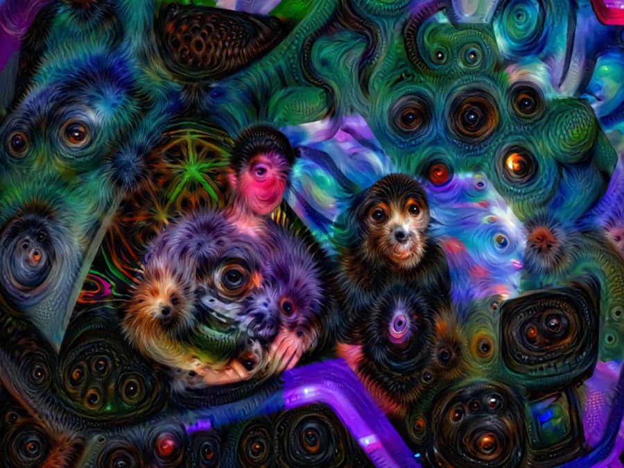 Psychedelic artwork for Sonic Bandits, crowded with eyes and animal faces