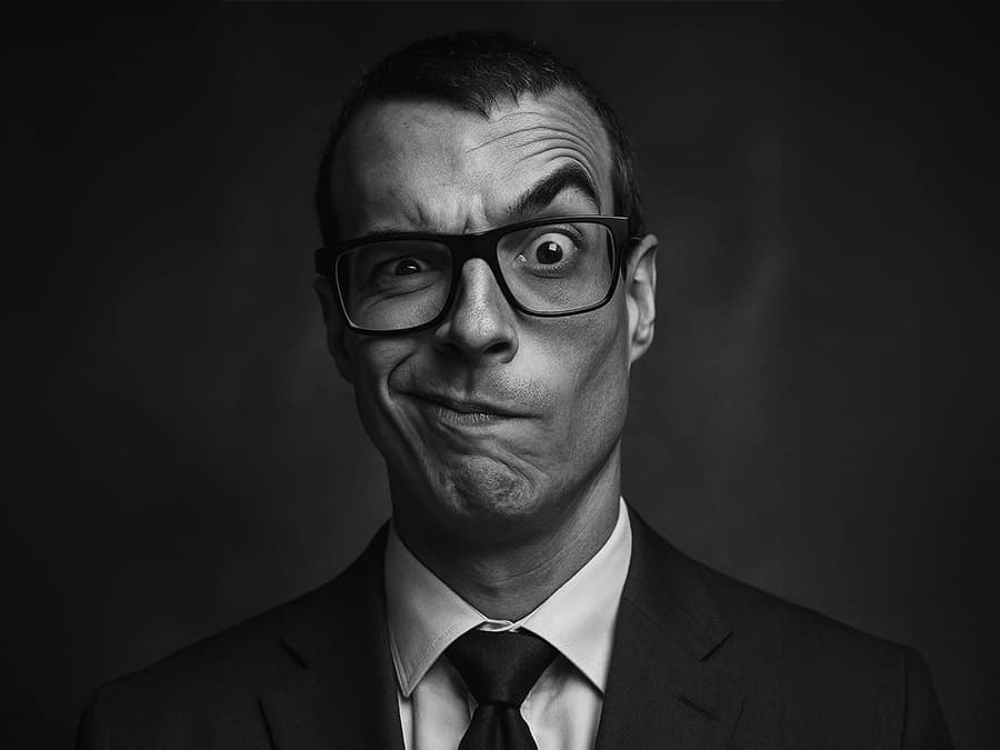 Black-and-white portrait of Gotalien in glasses, suit and tie, pulling a quizzical face