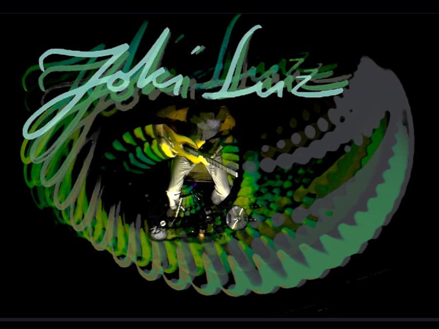 Joki Luz logo above a guitarist framed by swirling green light