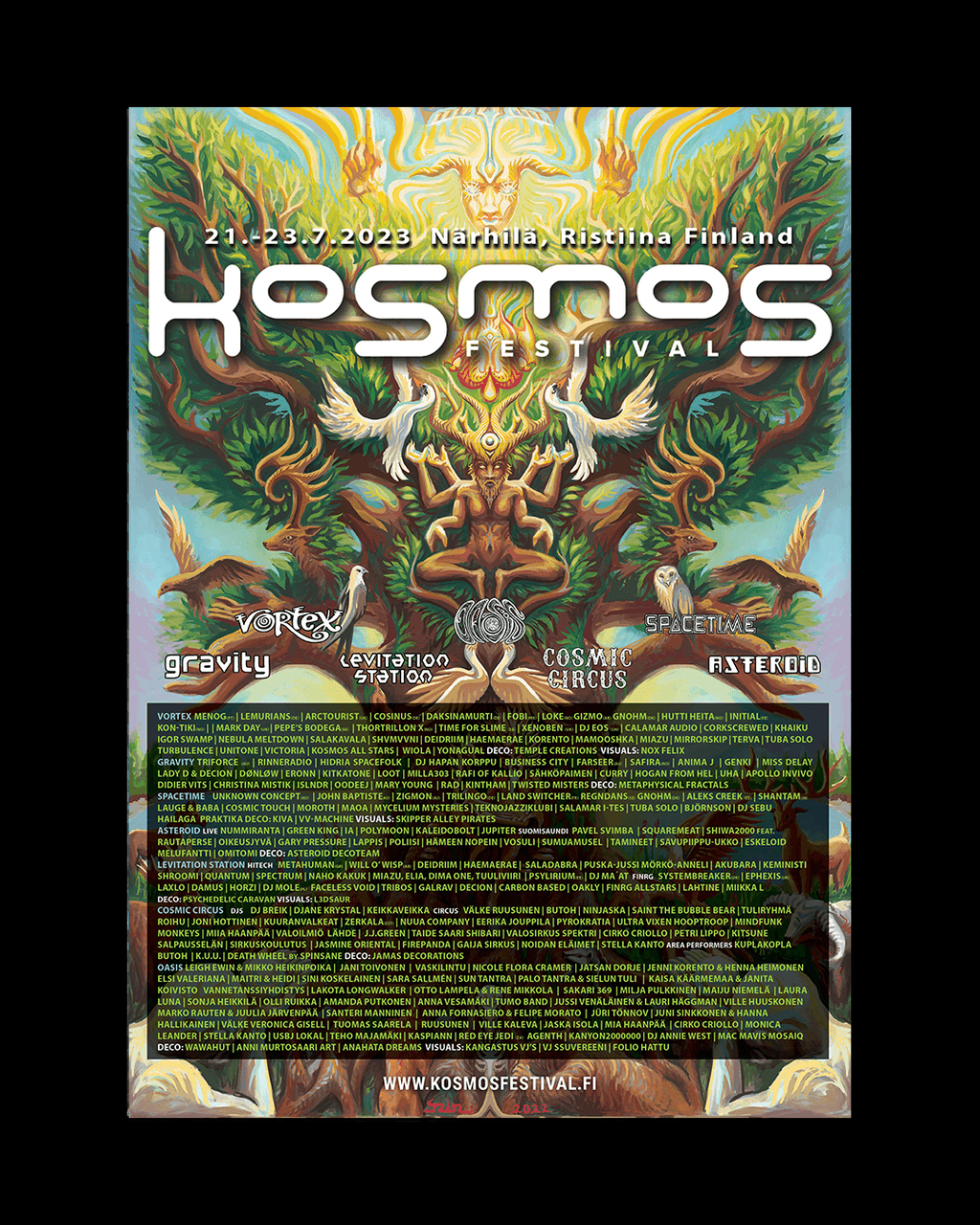 Kosmos Festival 2023 poster: a forest spirit among trees, deer and birds above the stage logos and lineup