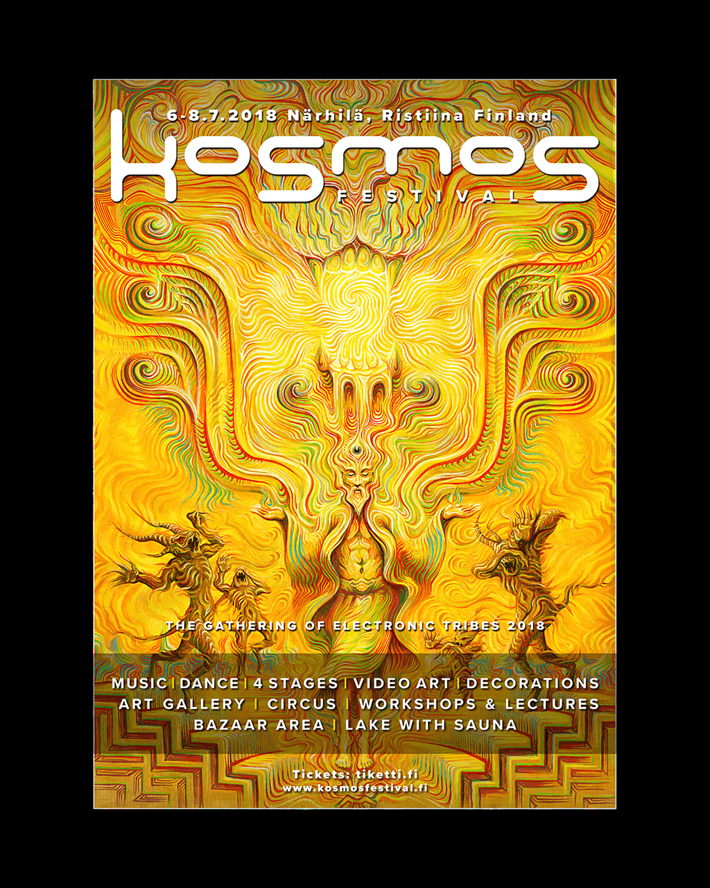 Kosmos Festival 2018 poster: a golden psychedelic deity framed by ornate symmetrical patterns