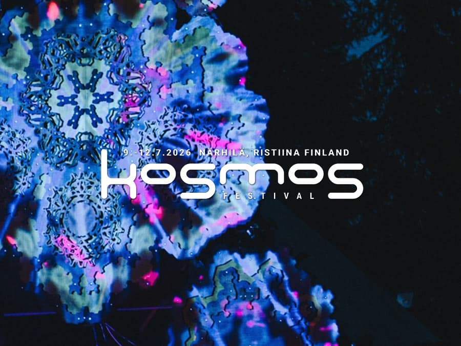 Kosmos Festival logo on a blue kaleidoscopic pattern