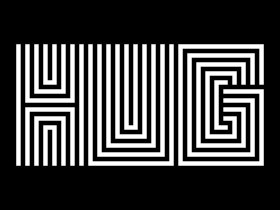 HUG logo in white maze-like letters on black
